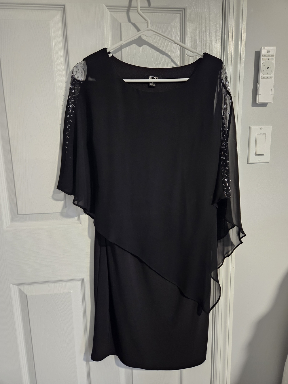 SLNY Black Chiffon Overlay Midi Dress with Sequin Sleeve Detail